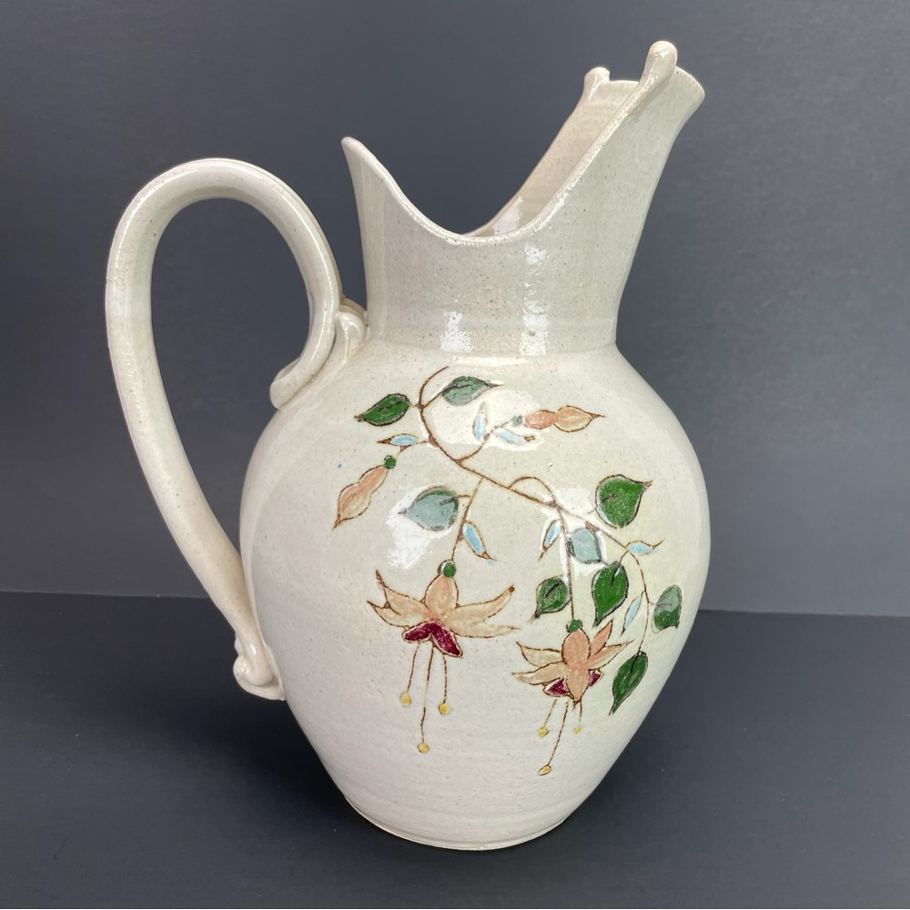 Lapointe Pottery Pitcher Hand Thrown Fuchsia Flower Floral Painted Vintage Rare